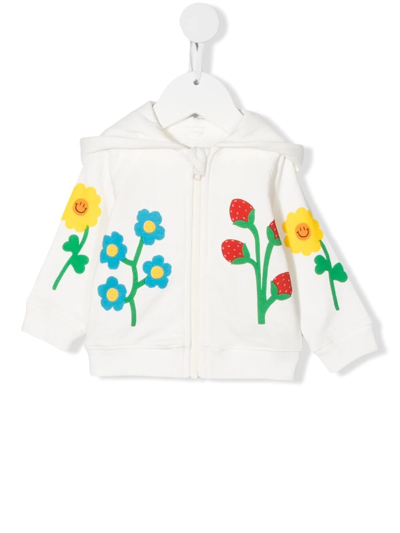 Stella Mccartney Babies' Flower-print Zip-front Hoodie In Bianco/multicolor