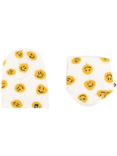 Molo Babies' Smiley-print Hat And Bib Set In Neutrals