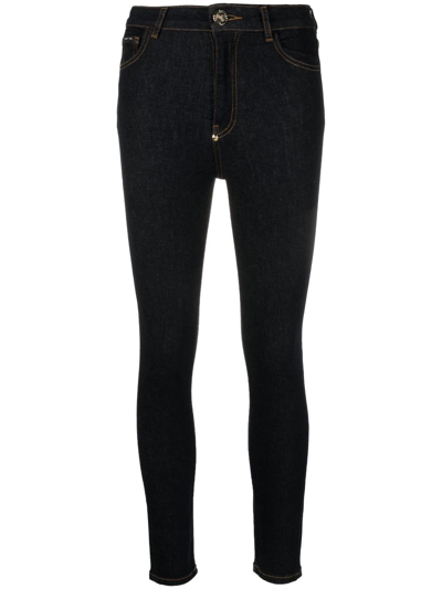 Philipp Plein Skull Embroidered Logo Skinny Jeans In Blau