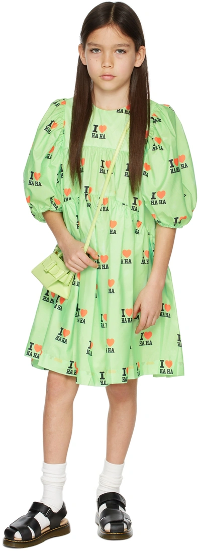 Crlnbsmns Kids Green 'i Love Haha' Dress In I Love Haha Fluo Gre