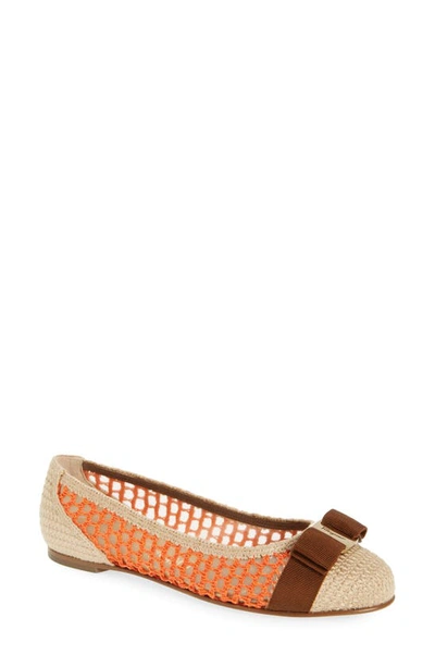 Ferragamo Bow-detail Interwoven Ballerina Shoes In Orange,beige