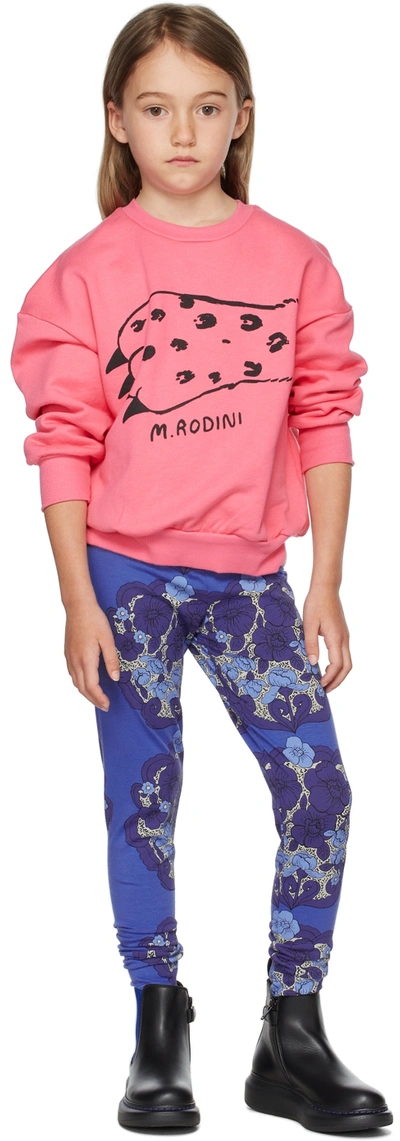 Mini Rodini Blue Leggings For Girl With Flowers In Purple