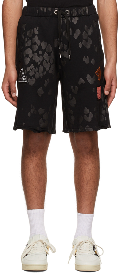 Just Cavalli Cotton Shorts With Logo Patch And All-over Contrasting Print In Nero