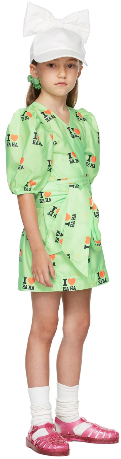 Crlnbsmns Kids Green 'i Love Haha' Wrap Dress In I Love Haha Fluo Gre