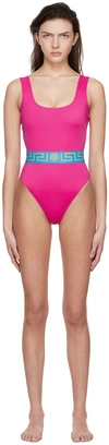 Versace Greek Key Belt One-piece Swimsuit In Tropical Pink Dark Orchid
