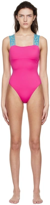 Versace Greca-pattern Scoop-back Swimsuit In Fuchsia+blue