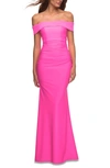 LA FEMME OFF THE SHOULDER NEON GOWN