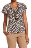 Adrianna Papell Polka Dot V-neck Flutter Sleeve Moss Crepe Top In Cream/ Black Floral Bunch