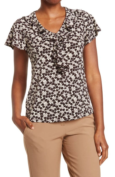 Adrianna Papell Polka Dot V-neck Flutter Sleeve Moss Crepe Top In Cream/ Black Floral Bunch