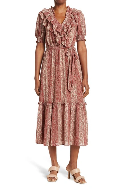 Moon River Paisley Stripe Ruffled Maxi Dress In Beige