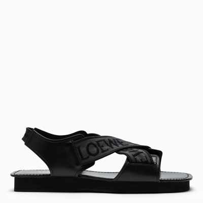 Loewe Black Leather Sandals With Logo Bands In Black/grey