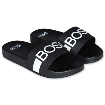Hugo Boss Kids' Black Logo Slide Sandals In Nero