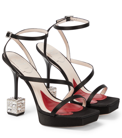 Roger Vivier Cube Strass Heel Sandals In Black Satin