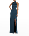 Lovely Backless High-neck Column Gown In Atlantic Blue
