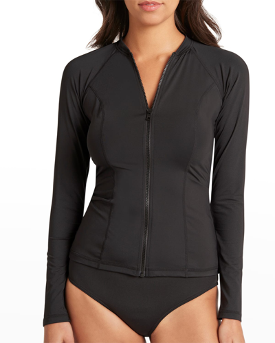 Sea Level Swim Essentials Long Sleeve Rash Waistcoat - Full Zipper In Black