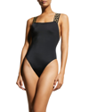 VERSACE SQUARE-NECK GRECA-STRAP ONE-PIECE SWIMSUIT