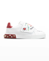 Dolce & Gabbana Girl's Portofino Flower Studded Grip-strap Sneakers, Toddlers In Scritte Fdobianco