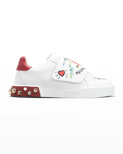 Dolce & Gabbana Kids' Girl's Portofino Flower Studded Grip-strap Sneakers, Toddlers In Scritte Fdobianco