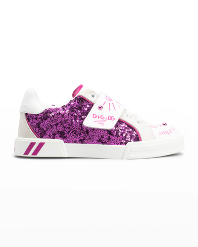 Dolce & Gabbana Girl's Glitter Graffiti Logo Low-top Sneakers, Toddler/kids In Orchideabianco