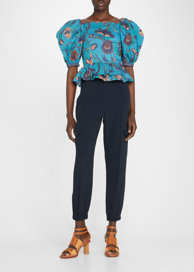 Ulla Johnson Carlotta Puff Sleeve Printed Poplin Top In Lagoon