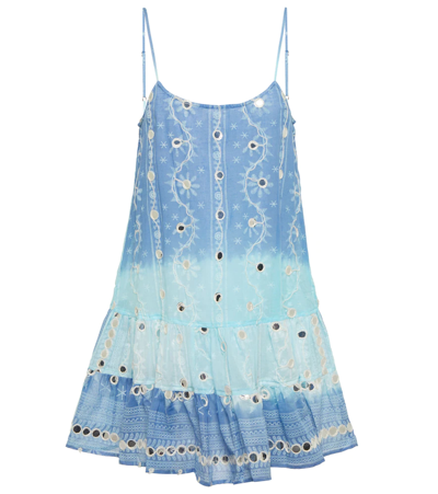 Juliet Dunn Cotton Embroidered Tie-dye Minidress In Blues