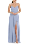Lovely Dessy Collection Adjustable Strap Wrap Bodice Maxi Dress With Front Slit In Sky Blue