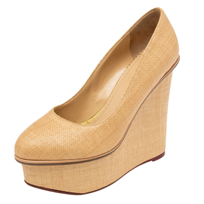 Pre-owned Charlotte Olympia Cream Yellow Raffia Carmen Wedge Platform Pumps Size 37