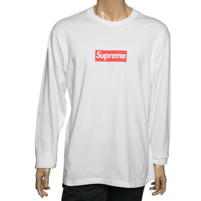 Pre-owned Supreme White Cotton Logo Printed Crew Neck Long Sleeve T-shirts L