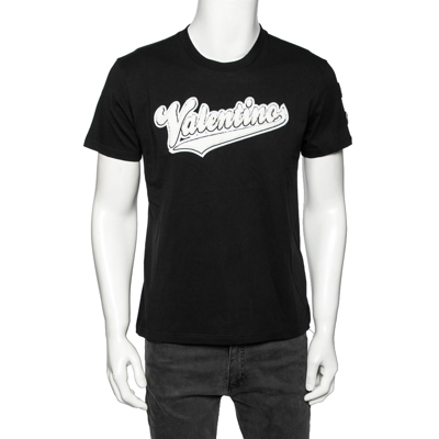 Pre-owned Valentino Black Cotton Baseball Logo Appliqued Short Sleeve T-shirt S