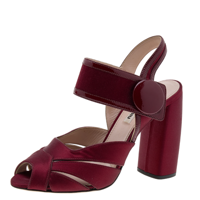 Pre-owned Miu Miu Burgundy Satin And Patent Leather Ankle Strap Sandals Size 36