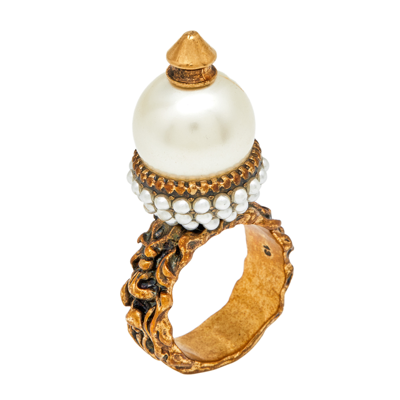 Pre-owned Gucci Faux Pearl Gold Tone Metal Ring Size 53
