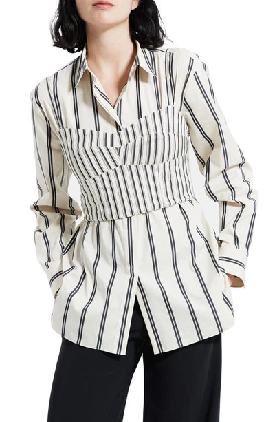 Theory Stripe Cotton Bustier & Button-up Shirt Set In Ivory Multi