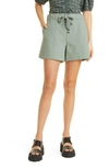Ganni Drawstring Cotton Suiting Shorts In Green Bay