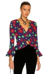 Saint Laurent Floral-print Ruffle Crop Top In Bleu Rouge Vert