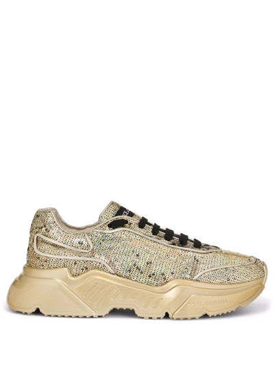 Dolce & Gabbana Nappa Leather Daymaster Sneakers With Sequins In Gold