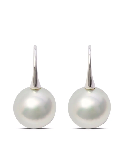 Autore 18kt White Gold Pearl Round Shephard Hook Earrings In Silver