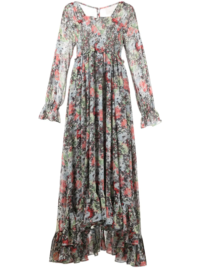 Cinq À Sept Leigh Floral-print Ruffle Maxi Dress In Powder Blue Multi