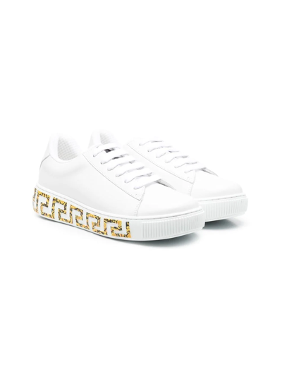 Versace White Greca Border Print Low Top Leather Sneakers