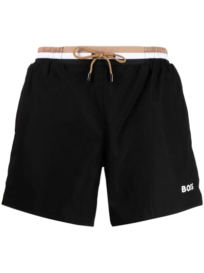 Hugo Boss Boss Logo-print Swim Shorts Black In Brown