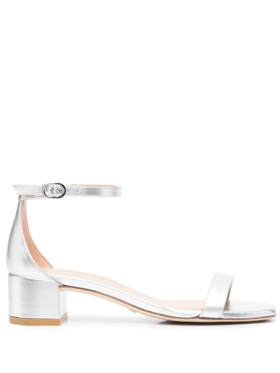 Stuart Weitzman Nudistjune Leather Block Heel Sandals In Silver