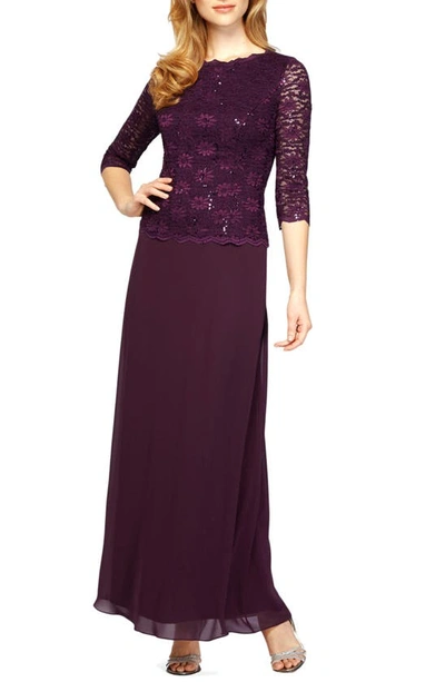 Alex Evenings Plus Sequined Scalloped Edge Lace Top Gown In Deep Plum