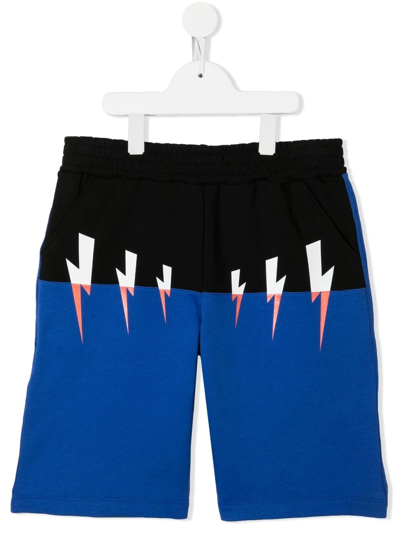 Neil Barrett Kids' Thunder Colour Block Cotton Sweat Shorts In Blue