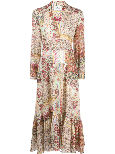 Etro Patchwork-print Flared Midi Dress In Multi-colored