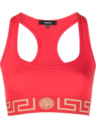 Versace Greca Border Racerback Sports Bra In Red,gold