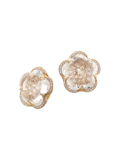 Pasquale Bruni 18k Rose Gold Bon Ton Rock Crystal And White & Champagne Diamond Flower Stud Earrings