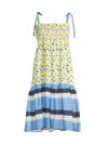Tanya Taylor Leandra Mixed-print Smocked Midi Dress In Poppy Fields Optic White