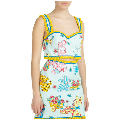Moschino Sweetheart-neck Printed Crop Top In Light Blue
