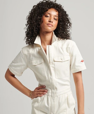 Superdry Women's Vintage Short Sleeve Twill Boiler Suit White / Off White - Size: 8