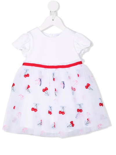 Monnalisa Cherry-print Short-sleeve Dress In Bianco Rosso