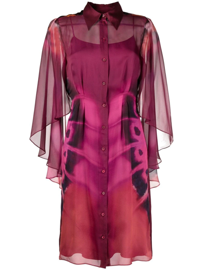 Alberta Ferretti Butterfly-print Semi-sheer Shirt Dress In Purple